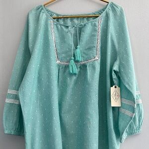 ST. JOHN'S BAY LIGHT BLUE POKE A DOT LONG SLEEVE BLOUSE WITH TASSELS